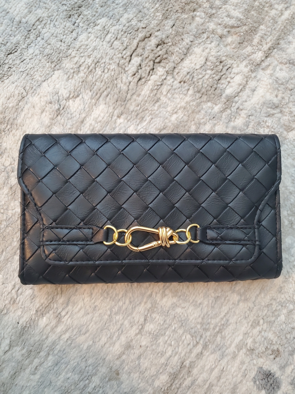 Black Woven Leather Clutch with Gold Hardware